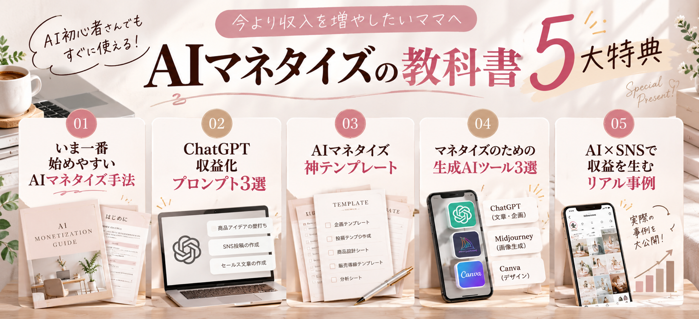 AIマネタイズの教科書 5大特典。1 いま一番始めやすいAIマネタイズ手法、2 ChatGPT収益化プロンプト3選、3 AIマネタイズ神テンプレート、4 マネタイズのための生成AIツール3選、5 AI×SNSで収益を生むリアル事例